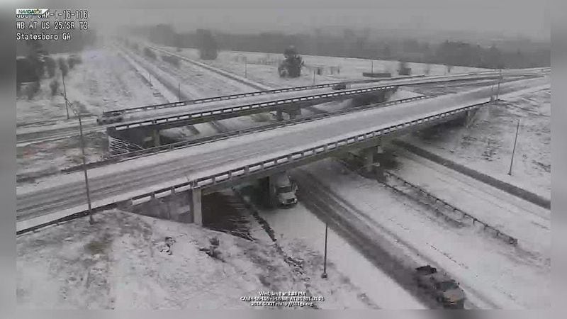 Snow covered I-16 at U.S. 201/U.S. 25 in Statesboro. (Credit: Georgia Department of Transportation)