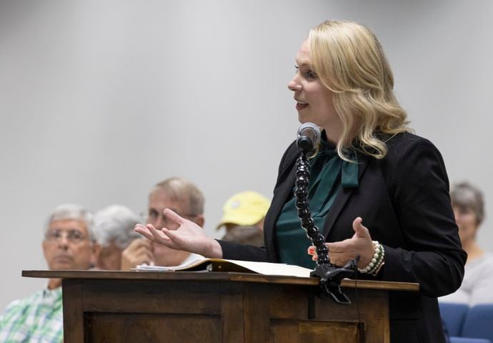 Joint Development Authority Andrea Gray speaks to the Morgan County board of assessors before they voted to approve the Rivian tax exemption proposal in Madison on Wednesday, May 25, 2022.   (Bob Andres / robert.andres@ajc.com)