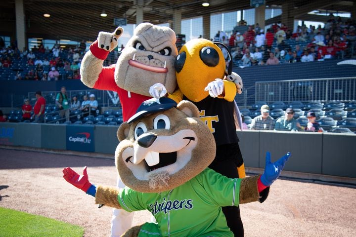 Hairy Dawg, Buzz and Chopper come together during the 20th Spring Classic game on Sunday at Coolray Field in Lawrenceville. (Jamie Spaar / for The Atlanta Journal-Constitution)
