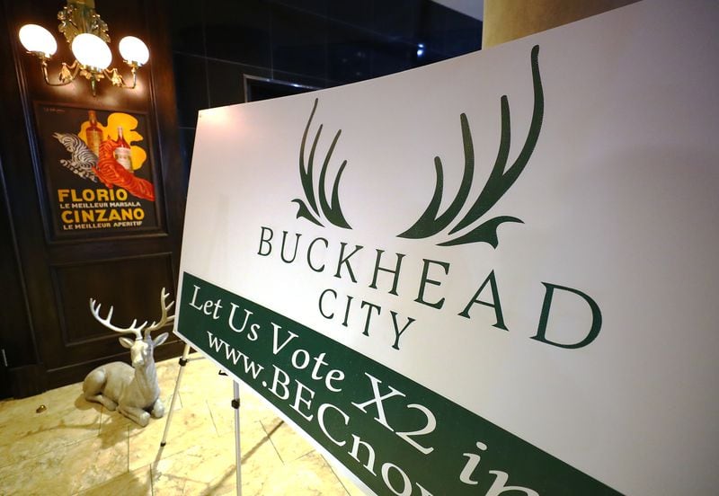 012422 Buckhead: A large sign greets guests at the Buckhead cityhood movement fundraiser on Monday, Jan. 24, 2022, in Buckhead. The Buckhead cityhood organization is starting a political action committee with $1 million in the bank, Buckhead City Committee chief executive Bill White told several hundred donors at Bistro Niko.   “Curtis Compton / Curtis.Compton@ajc.com”`