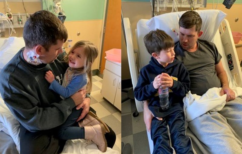 These are pictures of the moments when Vivian and Maverick were able to see their dad after 11 days in the hospital.