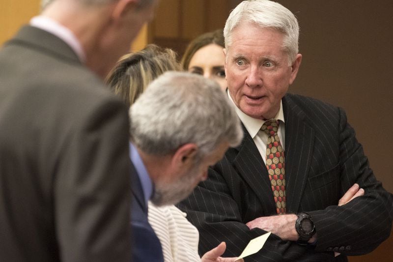 Claud “Tex” McIver speaks with members of his legal team during the second day of jury selection before Fulton County Superior Court Chief Judge Robert McBurney on Tuesday, March 6, 2018. (ALYSSA POINTER/alyssa.pointer@ajc.com)