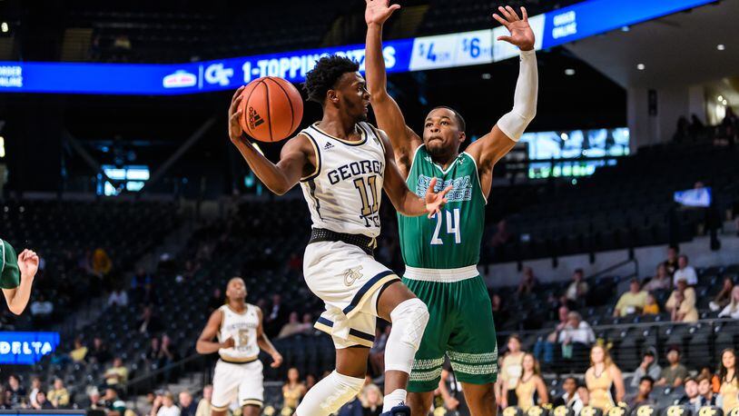 Georgia Tech guard Bubba Parham scored a team-high 15 points on 5-for-5 shooting from 3-point range in the Yellow Jackets' 98-76 win over Division II Georgia College in an exhibition game at McCamish Pavilion Oct. 20, 2019.