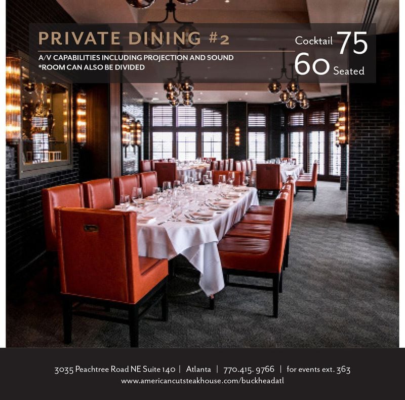 The private events menu from the Buckhead restaurant American Cut recommends this private dining room for groups of up to 60 people. Mayor Kasim Reed’s cabinet held a private dinner for 40 at American Cut on Dec. 18, 2017. (American Cut)