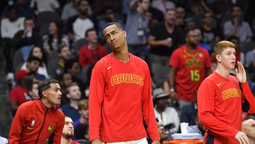 Hawks forward John Collins played some limited minutes in the exhitbition opener against New Orleans at State Farm Arena.