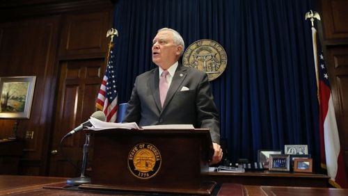 Gov. Nathan Deal announces during a news conference Monday that he is vetoing House Bill 757. BOB ANDRES / BANDRES@AJC.COM