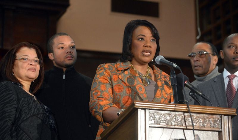 Alveda King, (left) flanks her cousin Bernice King, daughter of Rev Martin Luther King Jr., in a 2014 press conference at Historic Ebenezer Baptist Church. At the time, Bernice King was in the midsts of  battling her brothers in court over their demand that she turn over their father’s 1964 Nobel Peace Prize and personal Bible so that they could sell them.  KENT D JOHNSON/KDJOHNSON@AJC.COM