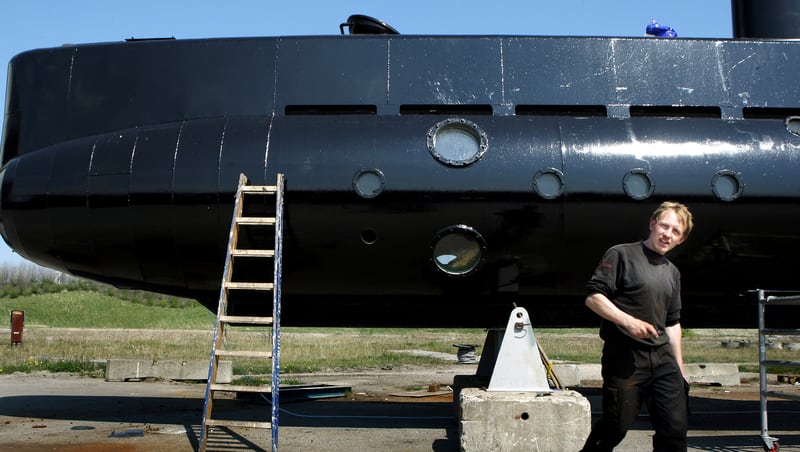 This is an April 30, 2008 photo of  submarine owner Peter Madsen. Madsen is in a Denmark jail on charges related to the disappearance of Swedish journalist Kim Wall. Madsen’s privately built submarine is pictured in the background.