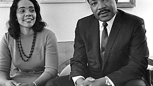 Coretta Scott King and Dr. Martin Luther King Jr. pose for a portrait at home in Atlanta in March 1968. Dr. King was assassinated only weeks later (Special to the AJC/Ben Fernandez)