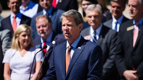 Governor Brian Kemp gives a speech during the Children, Family, and School Choice Bill Signing Ceremony on Thursday, May 6, 2021, in Liberty Plaza at the Georgia State Capitol in Atlanta. Governor Kemp signed House Bill 128, Senate Bill 42, Senate Bill 47, Senate Bill 246, and House Bill 606 into law at the event. CHRISTINA MATACOTTA FOR THE ATLANTA JOURNAL-CONSTITUTION
