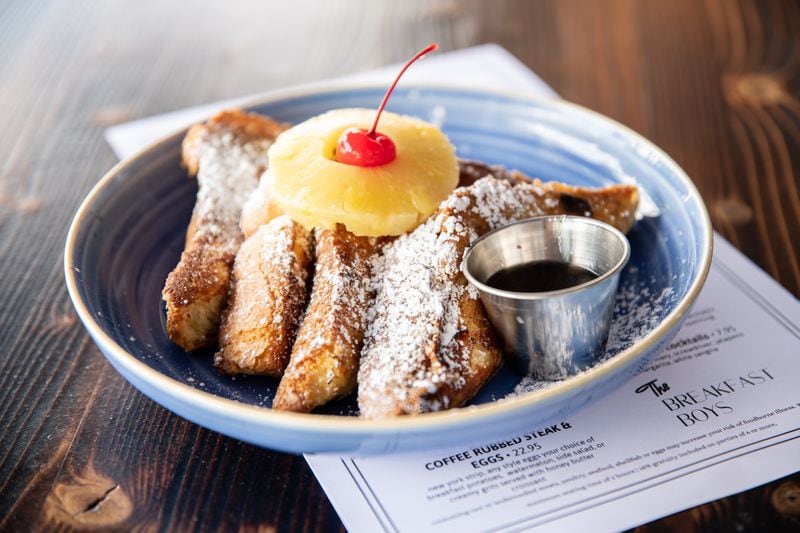 The Breakfast Boys' Pineapple Upside Down French Toast with apple cider syrup. (Mia Yakel for The Atlanta Journal-Constitution)