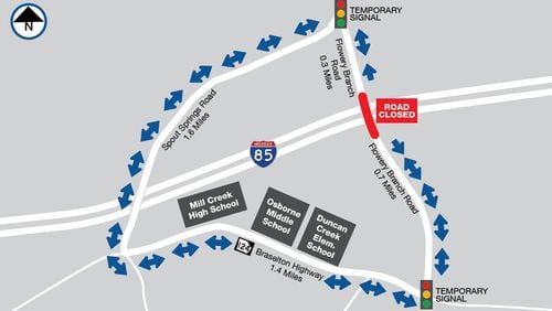 GDOT construction partners will close the Flowery Branch Road bridge over Interstate 85 beginning Jan. 6 for approximately 180 days. (Courtesy Georgia Department of Transportation)