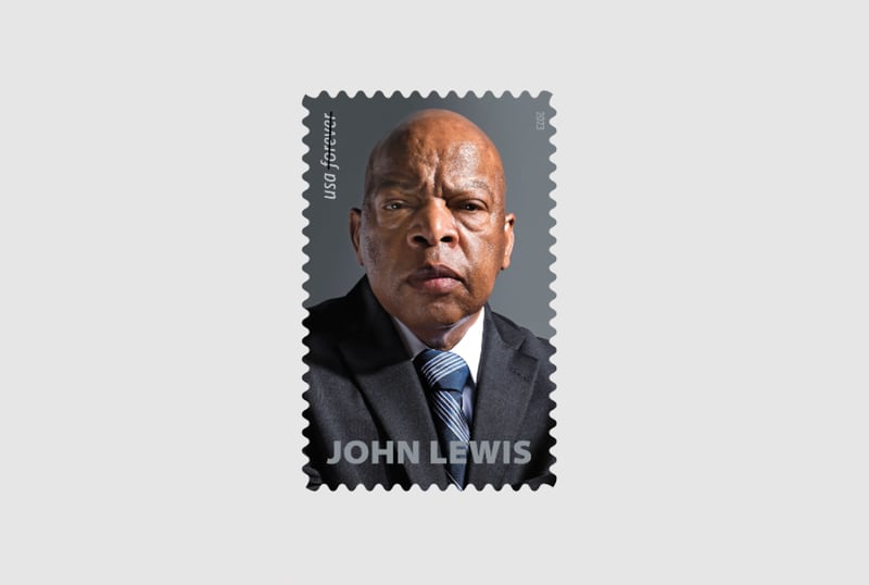 The U.S. Postal Service said it will release a stamp honoring late Congressman John Lewis in 2023. The final design is scheduled to be revealed today. A preliminary design unveiled in December included a depiction of Lewis based on a photograph in the Aug. 26, 2013 issue of Time magazine. (USPS)