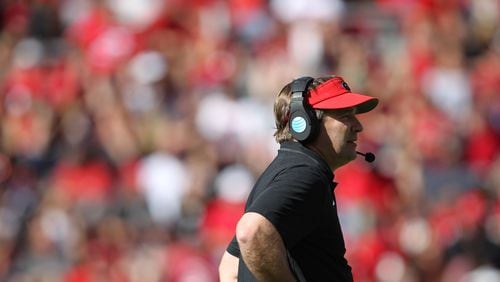 Georgia head coach Kirby Smart surveys the field during the Georgia spring game April 16, 2016, at Sanford Stadium in Athens. The new football coach got his wish, a capacity filled stadium for G-Day. (Taylor Carpenter/AJC)