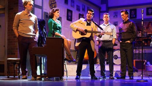 Ethan Parker (as Jerry Lee Lewis), Alison Wilhoit (as Elvis Presley’s girlfriend Dyanne), Chase Peacock (as Elvis), Christopher Kent (as Carl Perkins) and Chris Damiano (as Johnny Cash) star in “Million Dollar Quartet,” a co-production of Atlanta Lyric Theatre and Georgia Ensemble Theatre. CONTRIBUTED BY CASEY CALLAWAY