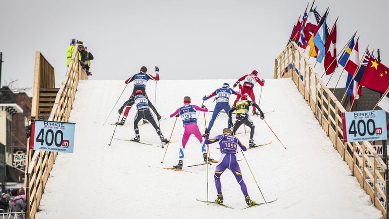 This Feb. 20, 2016 photo shows skiers climbing the American Birkebeiner International Bridge during the American Birkebeiner cross-country skiing marathon in Hayward, Wis. The bridge has been moved and will be rebuilt over the Nicollet Mall in Minneapolis for use in a showcase of outdoor winter events in the week leading up to the Feb. 4 Super Bowl. (Bob Pearl/American Birkebeiner Ski Foundation via AP)