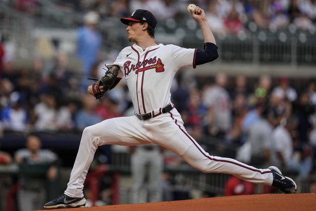 Atlanta Braves pitcher Max Fried (54) delivers in the first inning of a baseball game against the Washington Nationals, Tuesday, May 28, 2024, in Atlanta. The Braves won 2-0. (AP Photo/Mike Stewart)