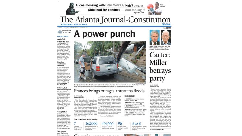When Democrat Zell Miller delivered a keynote address for President George W. Bush at the 2004 Republican National Convention, former President Jimmy Carter was among his critics, saying that Miller was betraying the Democratic party.  By your historically unprecedented disloyalty, you have betrayed
our trust,” Carter wrote. This is an AJC front page from September 2004. (AJC archives)
