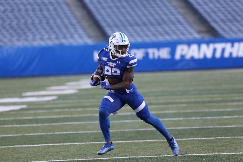 Georgia State Panthers running back Marcus Carroll (23) runs the ball during the Georgia State Panthers 2022 spring game on Friday, April, 2022, in Atlanta. Branden Camp/For The Atlanta Journal-Constitution