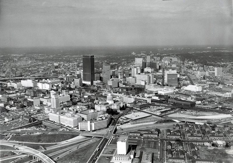 Undated B/W photo shows the skyline of Atlanta, Georgia, looking north. Georgia Archives building (squat white building) in foreground (Photo by Guy Hayes/ Atlanta Journal-Constitution staff). For Kathy Drewke. (Probably mid 1960s)