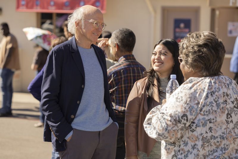 Ellia English, Larry David and Keyla Monterroso Mejia in a scene fictionally shot in Georgia during the 12th season debut of "Curb Your Enthusiasm" on HBO.  

Photograph by John Johnson/HBO