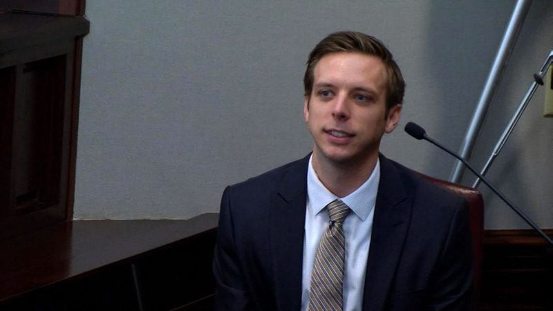Kyle Weston, the former assistant manager of the Vinings Chick-fil-A where Justin Ross Harris took his son Cooper on the morning of Cooper's death, testifies at Harris' murder trial at the Glynn County Courthouse in Brunswick, Ga., on Wednesday, Oct. 12, 2016. (screen capture via WSB-TV)