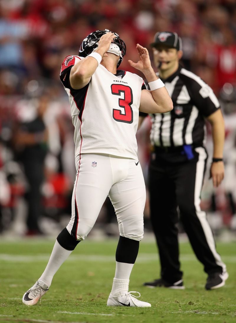 Kicker Matt Bryant #3 of the Atlanta Falcons reacts after missing an extra point late in the second half. (Photo by Christian Petersen/Getty Images)