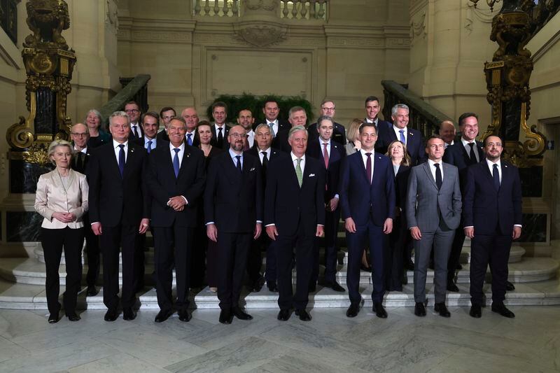 Belgium's King Philippe, center front, poses for a group photo with European Union leaders during a reception at the Royal Palace prior to an EU summit in Brussels, Wednesday, April 17, 2024. (Olivier Hoslet, Pool Photo via AP)