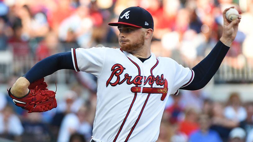 Braves pticher Sean Newcomb winds up in the first inning Saturday, June 15, 2019, against the Philadelphia Phillies at SunTrust Park in Atlanta.
