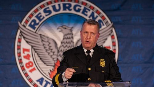 New Atlanta police Chief Darin Schierbaum speaks during his swearing-in ceremony at Atlanta City Hall on Wednesday, December 7, 2022. He is the city’s 26th chief of police. (Arvin Temkar / arvin.temkar@ajc.com)