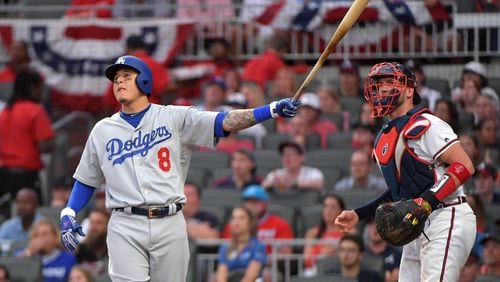 October 8, 2018 - Atlanta: Los Angeles Dodgers shortstop Manny Machado hits a three-run home run  in the seventh inning in Game 4 of the NLDS on Monday, Oct. 8, 2018, in Atlanta.