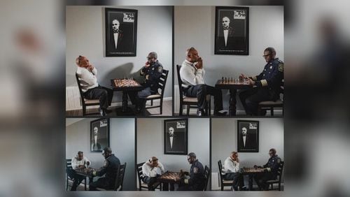 Convicted former Clayton County Sheriff Victor Hill plays chess with current Clayton Sheriff Levon Allen in 2022, when Hill supported Allen in a special election to fill his vacated office. Hill, just released from a federal prison, no longer supports Allen as sheriff and is trying to influence this year's race.