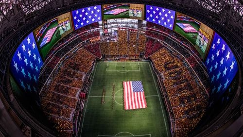 A full-stadium tifo is made before the match between the LA Galaxy and Atlanta United at Mercedes-Benz Stadium in Atlanta, Georgia, on Saturday August 3, 2019. (Photo by Rob Foldy/Atlanta United).