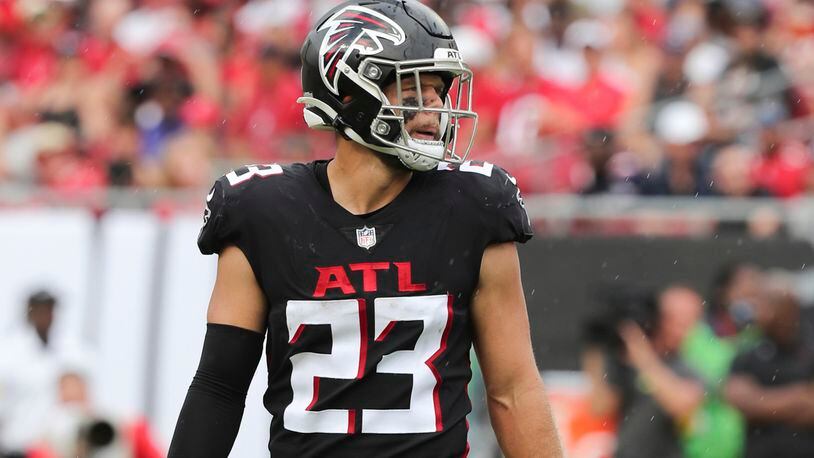 Falcons free safety Erik Harris (23) plays against the Tampa Bay Buccaneers Sunday, Sept.19, 2021 in Tampa, Fla. (Alex Menendez/AP)