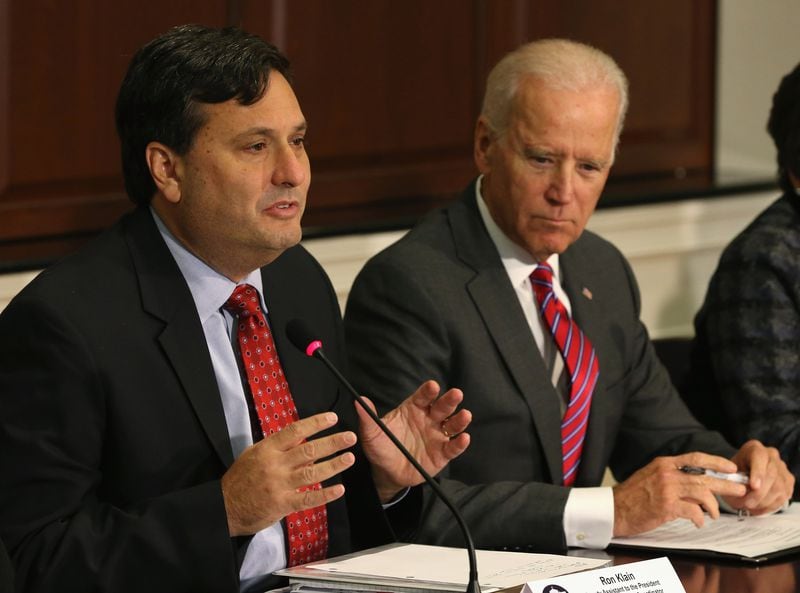 Ron Klain, left, with Vice President Joseph Biden, speaks during a 2014 meeting at the Eisenhower Executive office building in Washington,  D.C. (Mark Wilson/Getty Images/TNS)