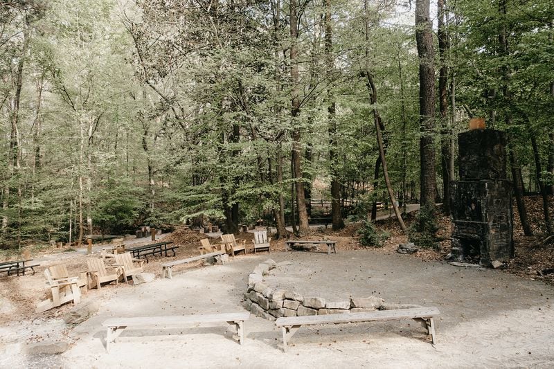 The grounds at the Dunwoody Nature Center include space for outdoor meetings, programs and sitting around a fireplace. and play in nature at the Dunwoody Nature Center. Courtesy of the Dunwoody Nature Center.