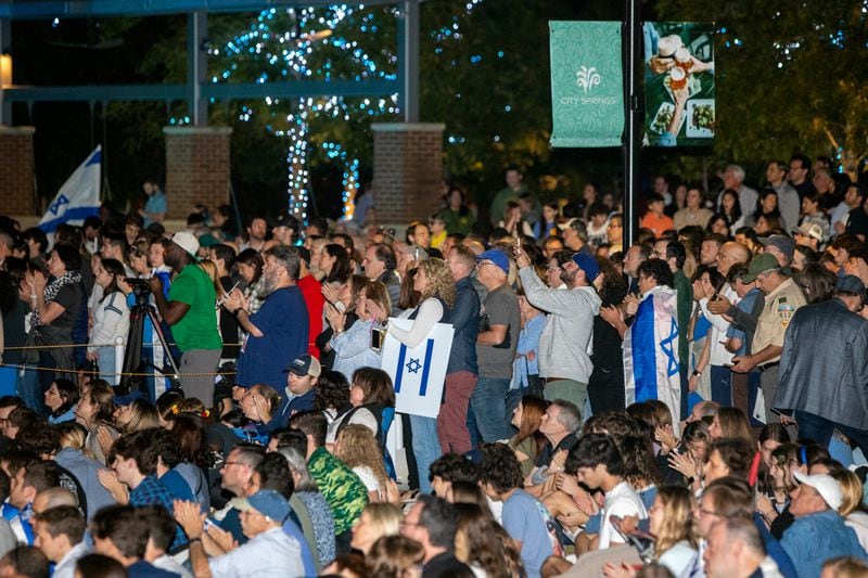 Thousands of Israel supporters gather inside and outside of City Springs in Sandy Spring on Tuesday, Oct 10, 2023 for a rally for Israel. (Jenni Girtman for The Atlanta Journal-Constitution)