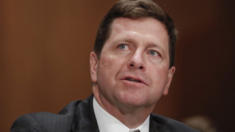 Securities and Exchange Commission (SEC) Chairman Jay Clayton is shown testifying at his confirmation hearing in 2017 before the Senate Banking Committee. (AP Photo/Pablo Martinez Monsivais, File)