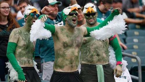A fan of the Philadelphia Eagles is dressed as an eagle as he cheers against the Arizona Cardinals during the second half at Lincoln Financial Field on October 8, 2017 in Philadelphia.