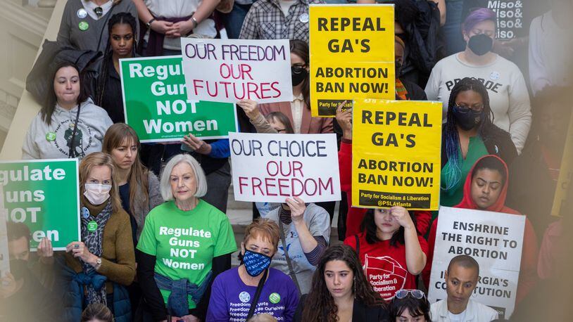 Legislators and reproductive rights activists announced new abortion-rights legislation at the Georgia Capitol in January. (Arvin Temkar / arvin.temkar@ajc.com)
