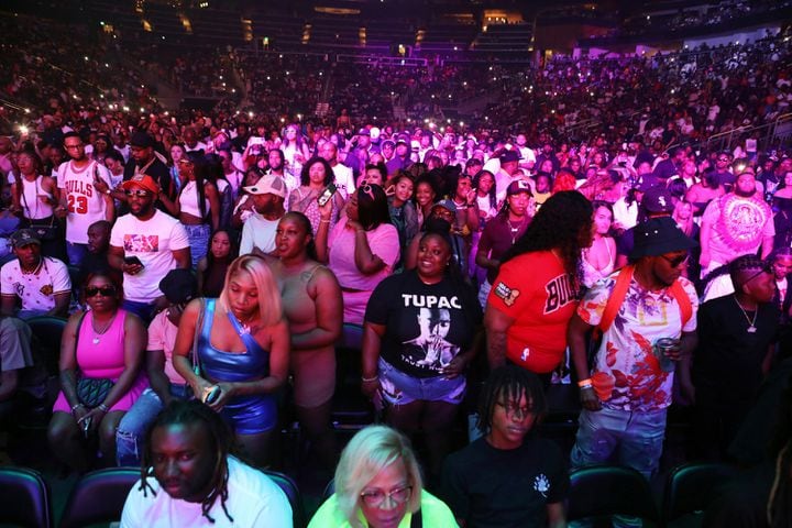 The sold-out crowd during the annual Hot 107.9 Birthday Bash ATL on Saturday, June 17, 2023, at State Farm Arena. Credit: Robb Cohen for the Atlanta Journal-Constitution