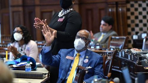 June 23, 2020 Atlanta - Rep Calvin Smyre (D-Columbus) waves as he is recognized after HB-426 passed in the House Chambers on day 37 of the legislative session at Georgia State Capitol on Tuesday, June 23, 2020. HB-426 passed. The bill Would implement stiffer penalties if those guilty of crimes are found to have been motivated by hate. (Hyosub Shin / Hyosub.Shin@ajc.com)