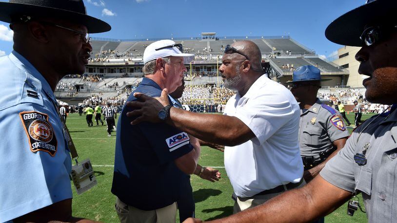 Georgia Tech head coach Paul Johnson and Alcorn State head coach Fred McNair shake hands after the Jackets’ 41-0 win over the Braves Saturday, Sept. 1, 2018,  at Bobby Dodd Stadium in Atlanta.