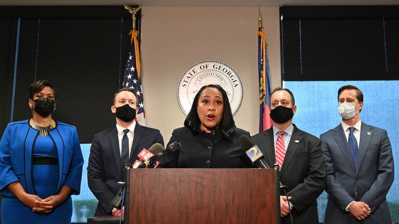 May 11, 2021 Atlanta - Fulton County's district attorney Fani Willis speaks to members of press during a press conference on indictment of Atlanta spa shooting suspect Robert Long at Fulton County Courthouse Judicial Center Tower on Tuesday, May 11, 2021. Eight weeks after eight people were killed at three metro Atlanta spas, a Fulton County grand jury has indicted the alleged gunman, the District AttorneyÕs Office said Tuesday. Prosecutors also plan to seek the death penalty and pursue hate crime charges, according to court filings. (Hyosub Shin / Hyosub.Shin@ajc.com)