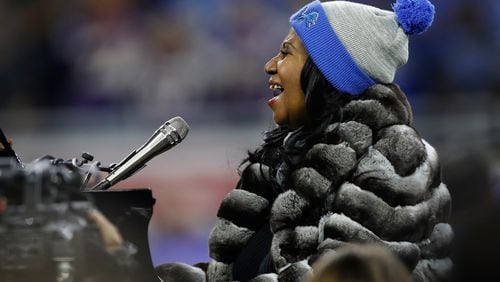 DETROIT.MI - NOVEMBER 24: Detroit native Aretha Franklin sings the National Anthem prior to the start of the Detroit Lions and the Minnesota Vikings game at Ford Field on November 24, 2016 in Detroit, Michigan. (Photo by Gregory Shamus/Getty Images)