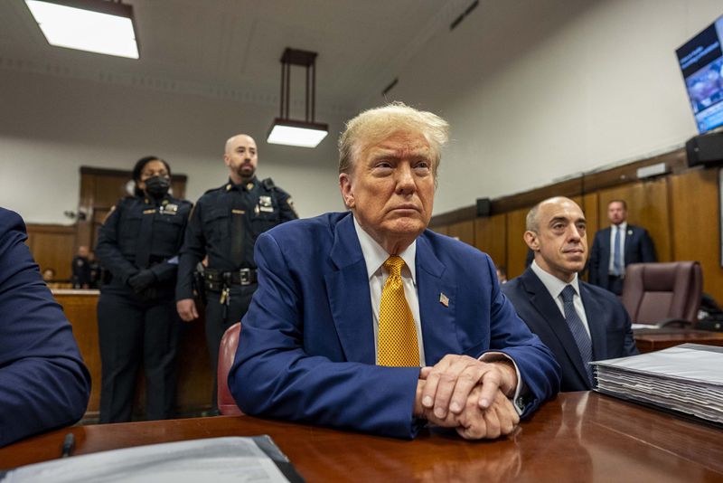 Former President Donald Trump sits inside Manhattan Criminal Court, Thursday, May 2 2024. (Mark Peterson/Pool Photo via AP)