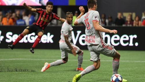 New York Red Bulls defender Sean Nealis (15) controls the ball during the first half in a MLS game against The Atlanta United on Sunday, July 7, 2019, in Atlanta. Branden Camp/SPECIAL