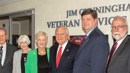 Among those attending the April dedication ceremony of the newly renovated Jim Cunningham Veteran Services Center at the Chattahoochee Tech Marietta Campus were (l-r) Jay Cunningham, Jim Cunningham, Jan Cunningham, Georgia First Lady Sandra Deal, Georgia Gov. Nathan Deal, Chattahoochee Tech Foundation Chair Dan Barbour, Chattahoochee Tech President Dr. Ron Newcomb and Technical College System of Georgia Commissioner Matt Arthur. Courtesy of Chattahoochee Technical College