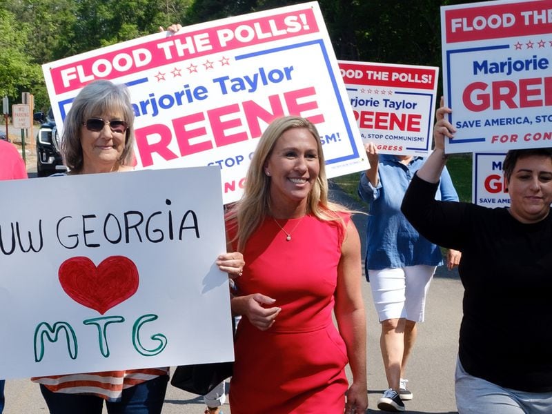 U.S. Rep. Marjorie Taylor Greene campaigns in Rome on Monday, May 2, 2022. A group challenging her eligibility to run for another term in office has lost its final appeal. (Arvin Temkar / arvin.temkar@ajc.com)