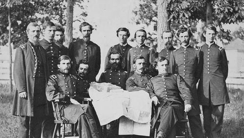 General Grenville M. Dodge, (seated, left) of the First Alabama and his staff are pictured in an 1862 photo from Corinth, Mississippi. The photo is part of the Grenville M. Dodge Collection. Photo: Howard & Hall